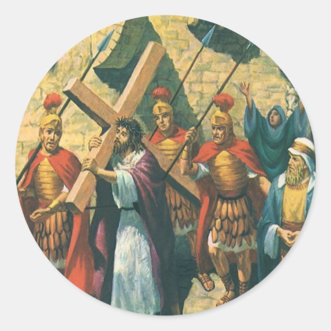 Jesus Christ Carrying the Cross to his Crucifixion Classic Round Sticker (Front)