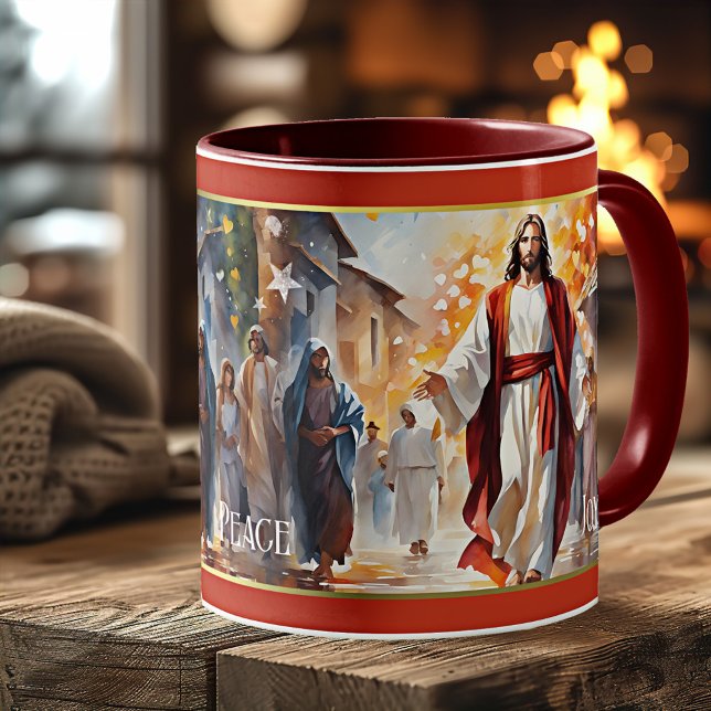 Jesus Christ Christian Message Religious Coffee Mug (Mug featuring a painting of Jesus Christ and his message of love, peace and joy - christmas holidays)