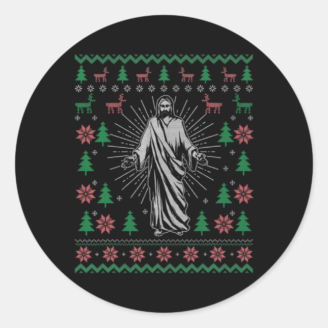 Jesus Christ Christian Ugly Christmas Sweater For Classic Round Sticker (Front)