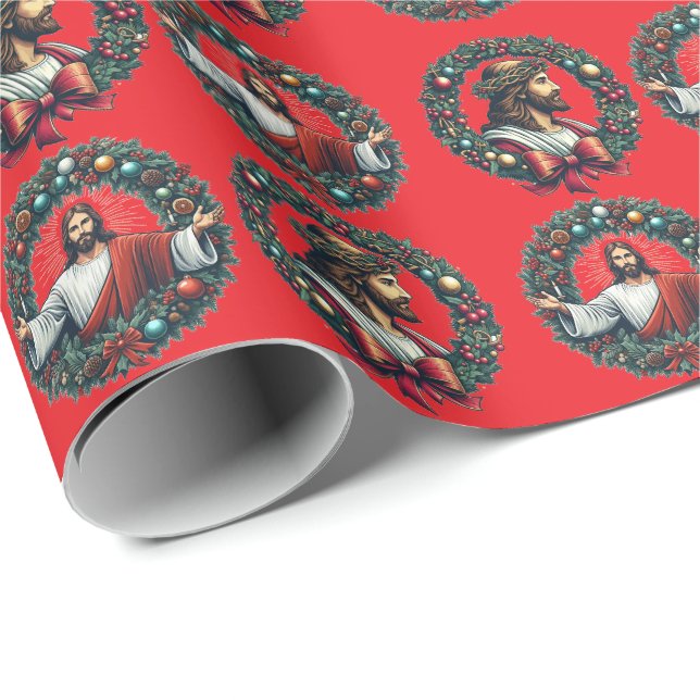Jesus Christ Christmas Wreath Wrapping Paper (Roll Corner)