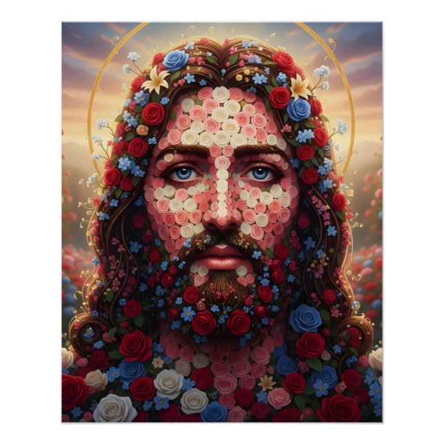 Jesus Christ Floral Mosaic Portrait Spiritual Wall Poster (Front)