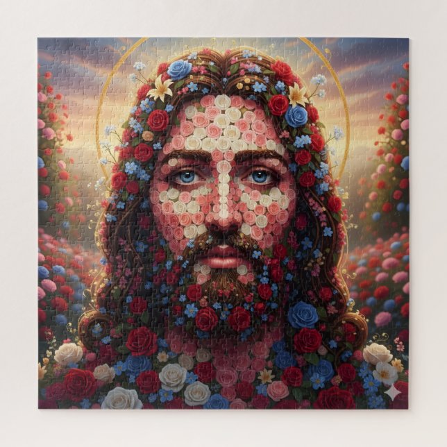 Jesus Christ Floral Rose Mosaic Spiritual Puzzle  (Vertical)
