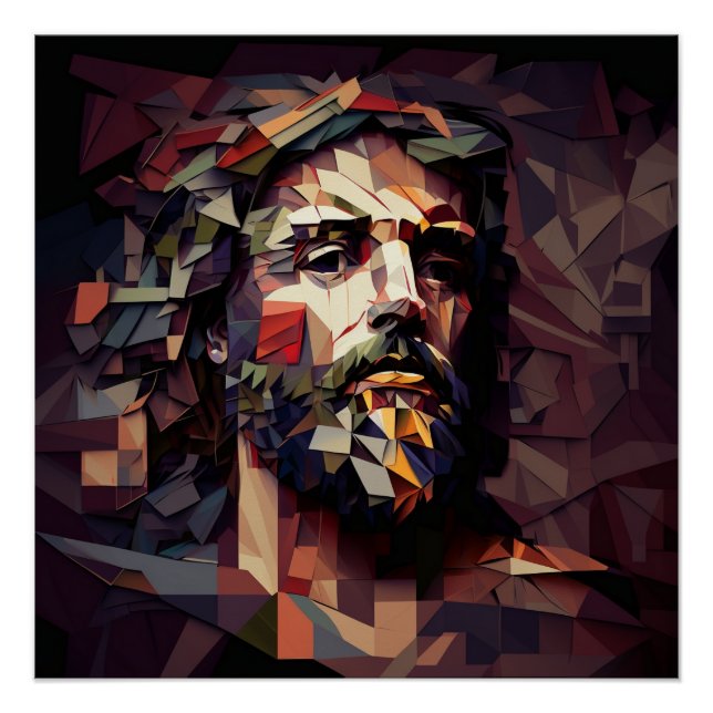 Jesus Christ in Burgundy and Gold Angular Forms Poster (Front)