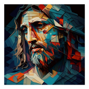 Jesus Christ in Teal and Amber Geometric Shapes Poster