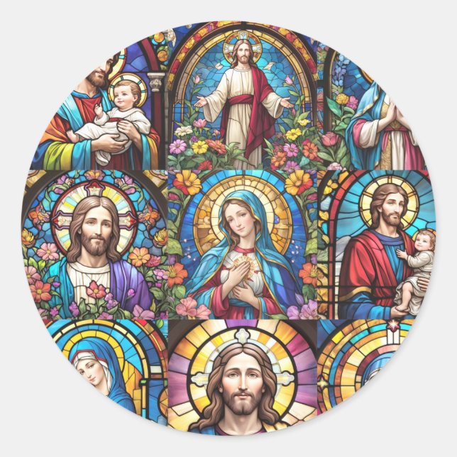 Jesus Christ Mary & Joseph Christian Stained Glass Classic Round Sticker (Front)
