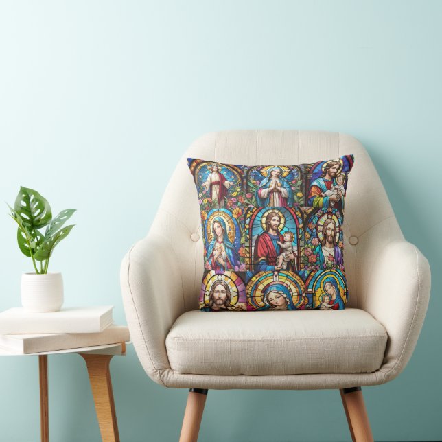 Jesus Christ Mary & Joseph Christian Stained Glass Cushion (Chair)