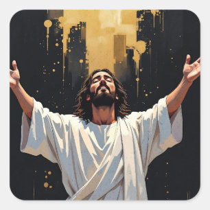 Jesus Christ Our Saviour   Black and Gold blank Square Sticker