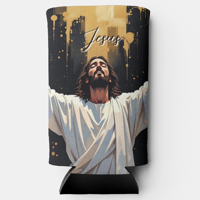 Jesus Christ Our Saviour | Black and Gold Seltzer Can Cooler (Front)