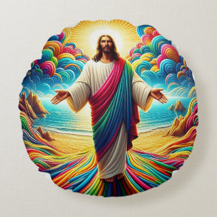 Jesus Christ overlooking a beautiful colourful sky Round Cushion