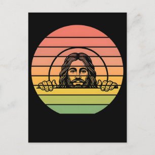 Jesus christ peeking face sunset vintage retro holiday postcard