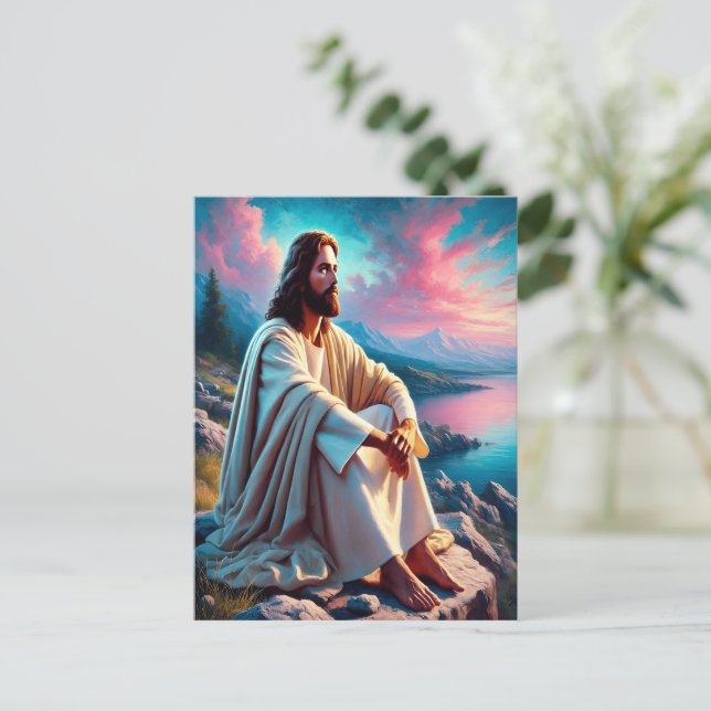 Jesus Christ Reflecting Beside Gentle Seashore Postcard (Standing Front)