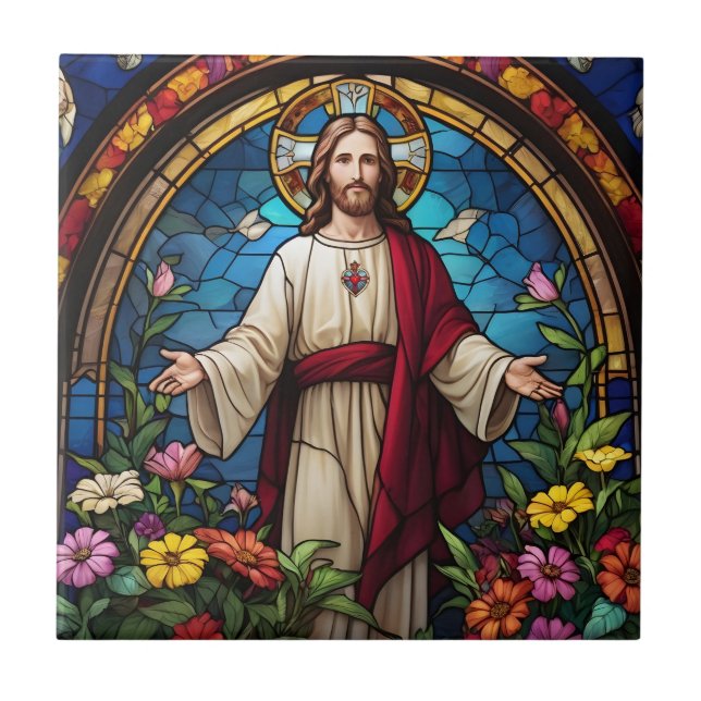 Jesus Christ Sacred Heart Faux Stained Glass Tile (Front)