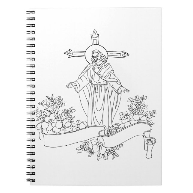 jesus Christ scroll and flowers art colouring page Notebook (Front)