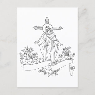 jesus Christ scroll and flowers art colouring page Postcard