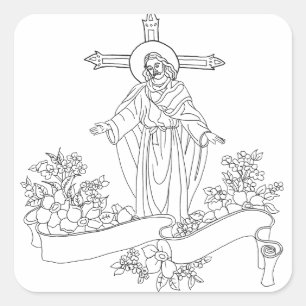 jesus Christ scroll and flowers art colouring page Square Sticker