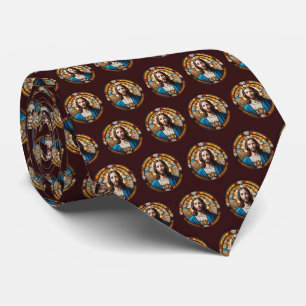 Jesus Christ Stained Glass Circular Pattern Brown Tie