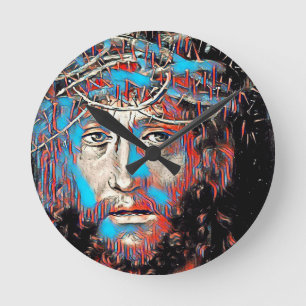 Jesus Christ Wearing Thorn Crown Abstract Painting Round Clock