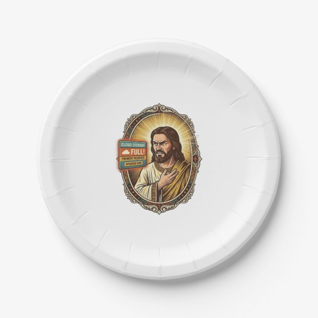 Jesus Cloud Storage Full Warning Paywall Tech Humo Paper Plate (Front)
