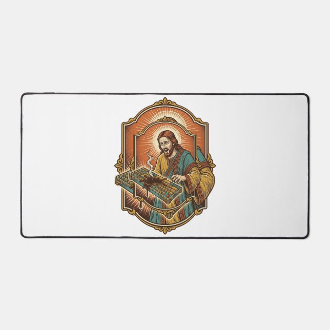 Jesus Coffee Spill Mechanical Keyboard Broken Tech Desk Mat (Front)