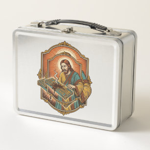Jesus Coffee Spill Mechanical Keyboard Broken Tech Metal Lunch Box