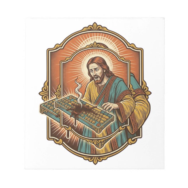 Jesus Coffee Spill Mechanical Keyboard Broken Tech Notepad (Front)