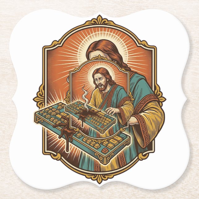Jesus Coffee Spill Mechanical Keyboard Broken Tech Paper Coaster (Front)