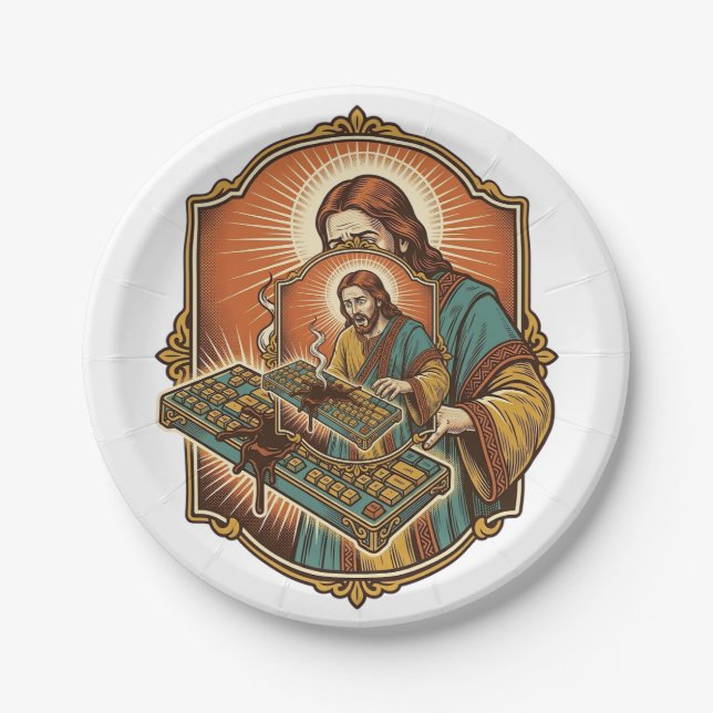 Jesus Coffee Spill Mechanical Keyboard Broken Tech Paper Plate (Front)