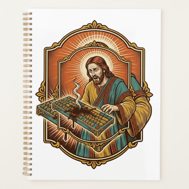 Jesus Coffee Spill Mechanical Keyboard Broken Tech Planner (Front)