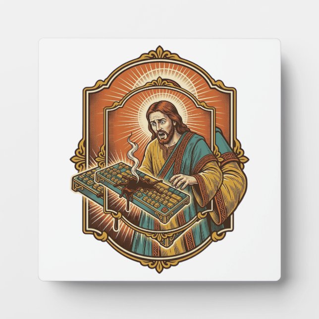 Jesus Coffee Spill Mechanical Keyboard Broken Tech Plaque (Front)