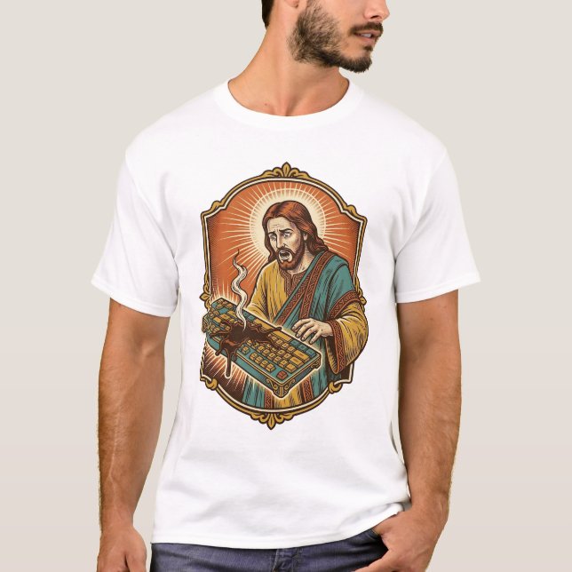 Jesus Coffee Spill Mechanical Keyboard Broken Tech T-Shirt (Front)