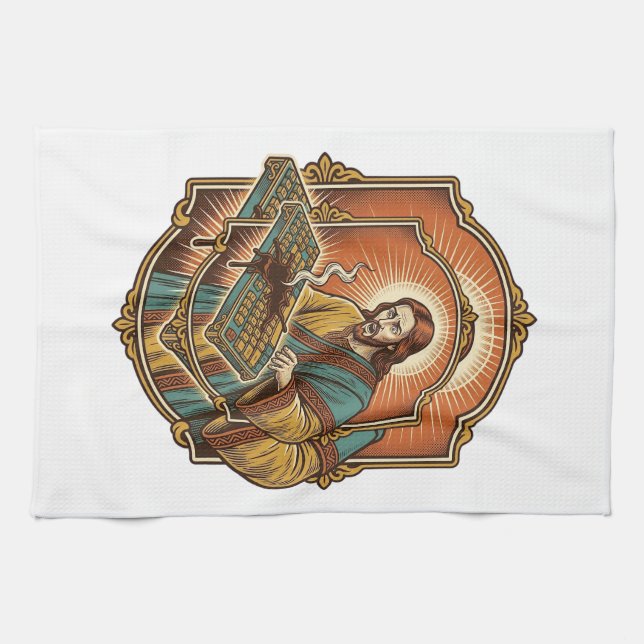 Jesus Coffee Spill Mechanical Keyboard Broken Tech Tea Towel (Horizontal)