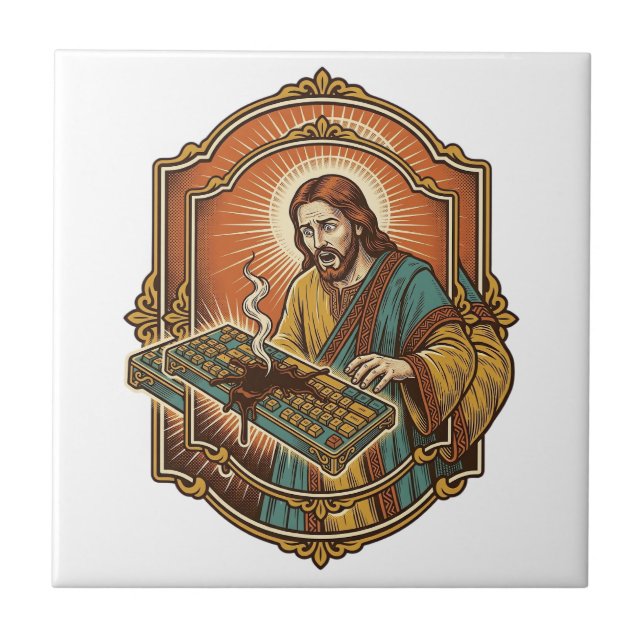 Jesus Coffee Spill Mechanical Keyboard Broken Tech Tile (Front)