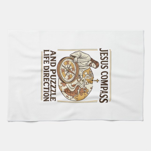 Jesus Compass And Puzzle Life Direction Jesus Comp Tea Towel (Horizontal)