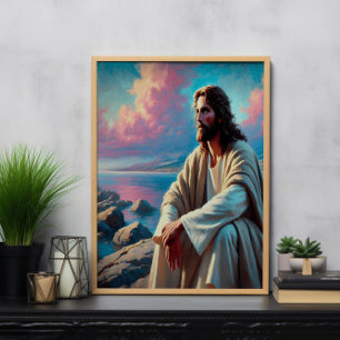 Jesus Contemplation Beside Majestic Coastline Poster