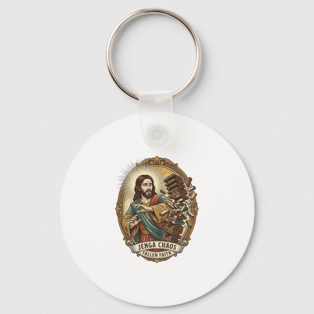 Jesus Crashing Party Jenga Tower Game Fail Humor_1 Key Ring (Front)