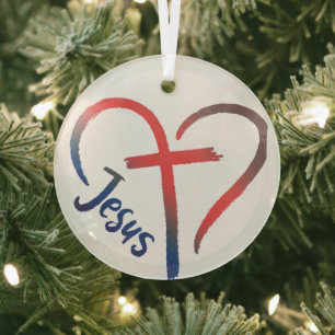 Jesus Cross and Heart Love Symbol Glass Tree Decoration