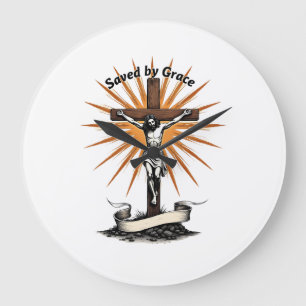 Jesus Cross Faith Vintage Engraving Christian Shir Large Clock