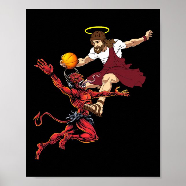 Jesus Crossing Up The Devil Basketball Player Dunk Poster (Front)