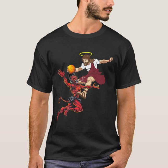 Jesus Crossing Up The Devil Basketball Player Dunk T-Shirt (Front)