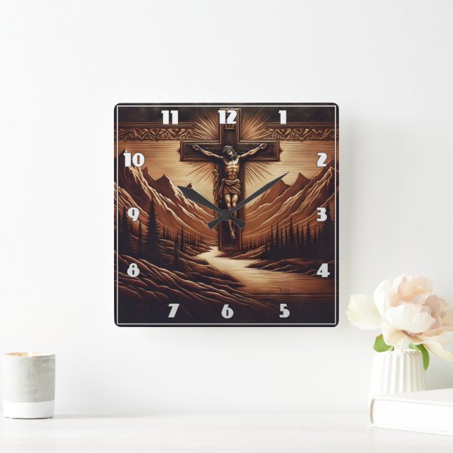 Jesus Crucified Against Majestic Mountains Square Wall Clock (Home)
