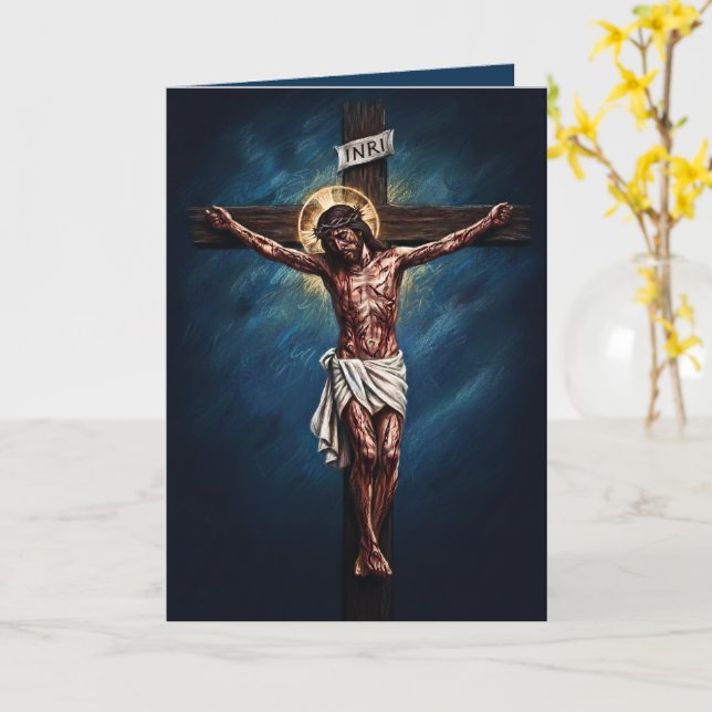 Jesus Crucified Blessed Easter Card Blue (Yellow Flower)