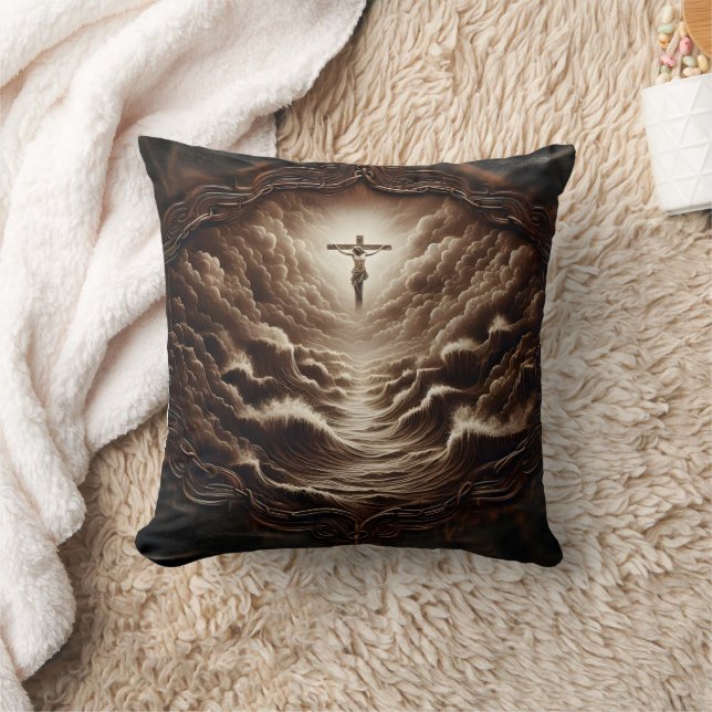 Jesus Crucifixion Over Stormy Ocean Waves Cushion (Blanket)