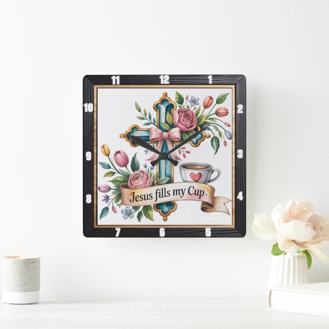 Jesus Cup Floral Cross  Square Wall Clock (Home)