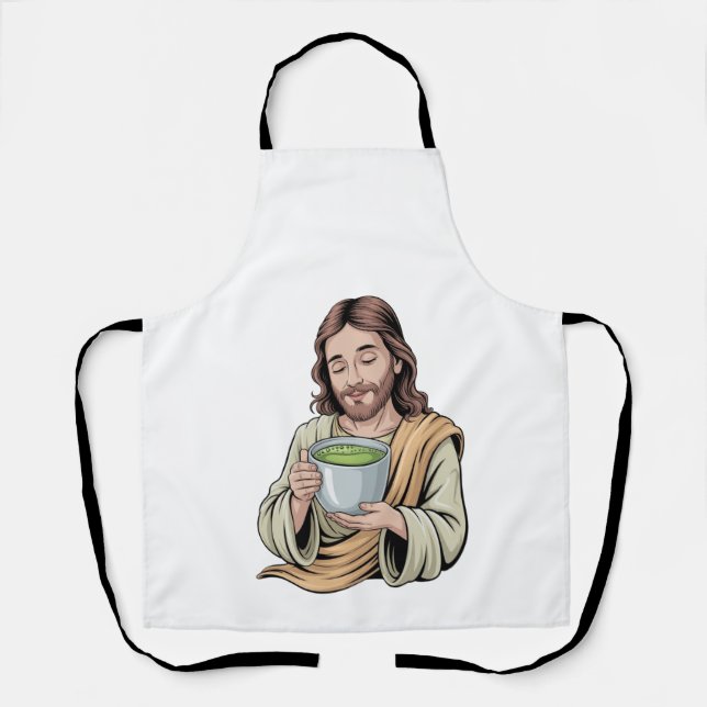 Jesus Drinking Matcha Drink Christian  Apron (Front)