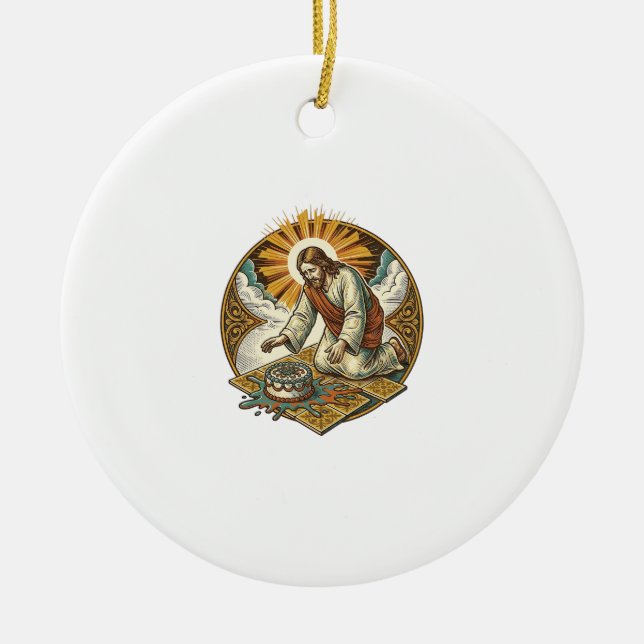 Jesus Dropped Birthday Cake Face Down Kitchen Floo Ceramic Tree Decoration (Front)