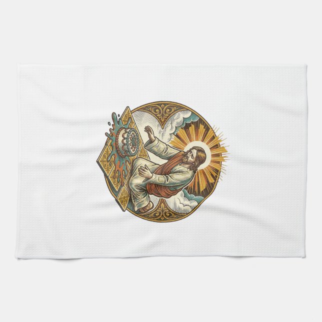 Jesus Dropped Birthday Cake Face Down Kitchen Floo Tea Towel (Horizontal)