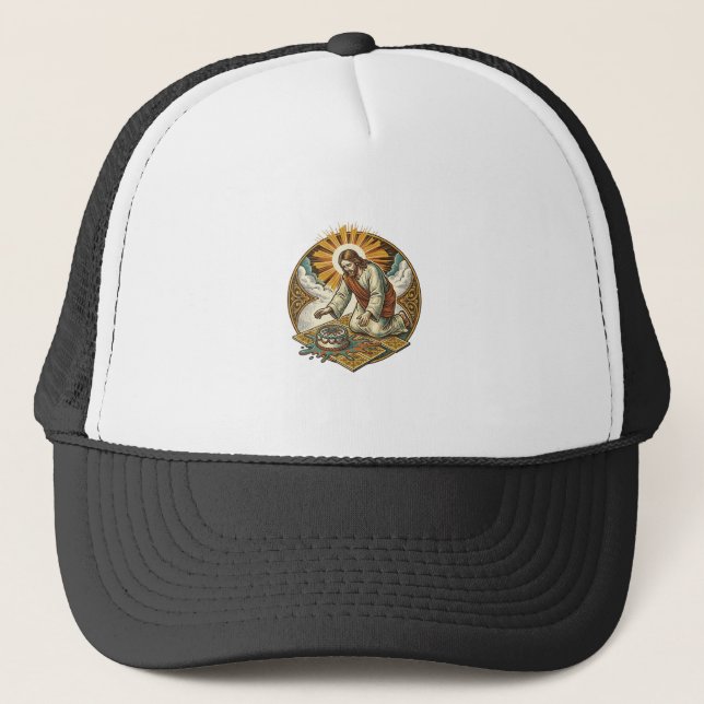 Jesus Dropped Birthday Cake Face Down Kitchen Floo Trucker Hat (Front)