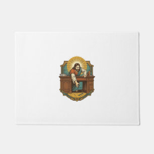 Jesus Dropped Pen Behind Heavy Desk Clumsy Humor_1 Doormat