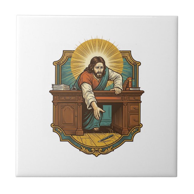 Jesus Dropped Pen Behind Heavy Desk Clumsy Humor_1 Tile (Front)