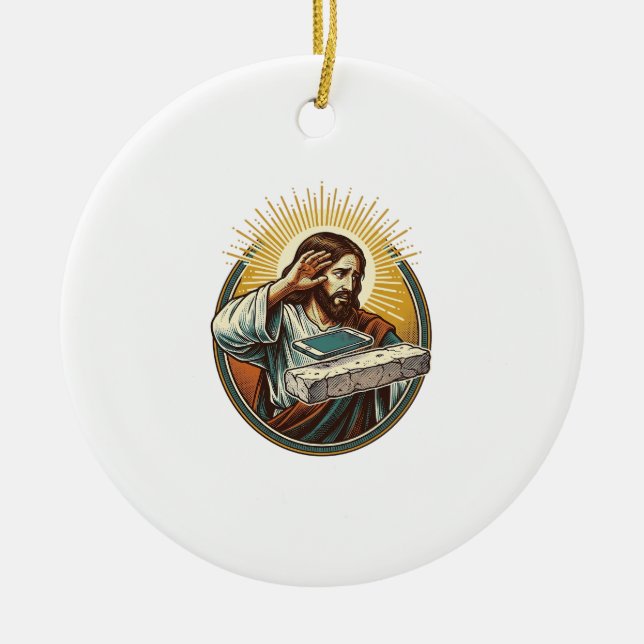 Jesus Dropped Phone Face Flat Concrete Panic Scree Ceramic Tree Decoration (Front)